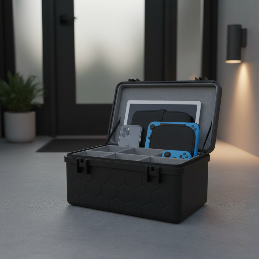 A sturdy, matte-black collection box with a subtle geometric pattern stands on a smooth concrete doorstep, its lid slightly open to reveal a carefully cushioned interior holding a smartphone, a tablet, and a compact gaming console wrapped in protective sleeves. Early evening ambient light casts soft, natural shadows around the box, while a nearby wall light adds a gentle warm glow to one side. In the background, the lower part of a modern front door and a neatly swept entryway are softly blurred. Shot from a low, three-quarter angle in realistic photographic style, the image suggests convenient device collection service that feels secure, tidy, and professional without showing any people.