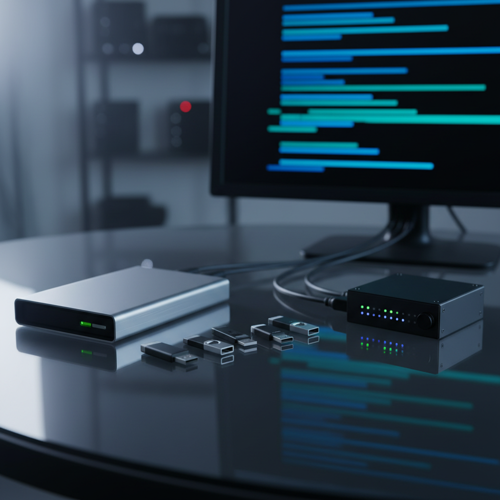 A close-up of a brushed aluminum external hard drive and several USB flash drives arranged on a dark, reflective glass surface, all connected via slim black data cables to a compact recovery rig with tiny status LEDs glowing green and blue. On a nearby monitor, an abstract, out-of-focus pattern of recovery progress bars suggests ongoing data restoration without showing text. Soft, cool studio lighting from the left creates delicate reflections and a high-tech sheen. The background is intentionally blurred, hinting at racks of storage devices. Framed in a centered composition with shallow depth of field, the photographic scene feels calm, precise, and focused on secure, professional data recovery.