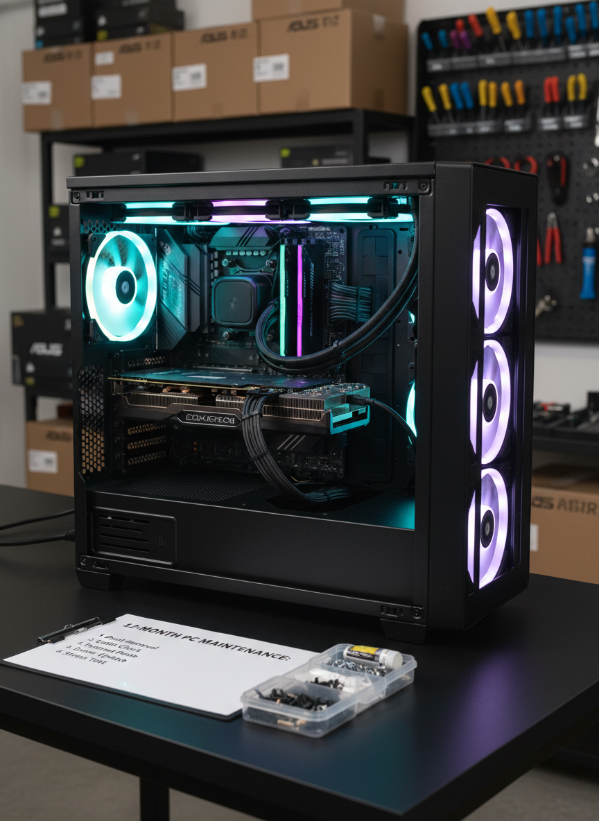 An open mid-tower PC case on a spotless matte-black bench, showcasing a custom build in progress: matte black motherboard, braided dark-gray power cables routed cleanly, RGB fans softly glowing cyan and purple, and a high-end graphics card partially installed. Beside it lies a labeled maintenance checklist and a small box of spare components. Neutral studio lighting from both sides eliminates harsh shadows, highlighting the cable management and polished metal textures. The background shows blurred rows of boxed components and tools, suggesting long-term support and 12-month maintenance. Shot at eye level with sharp focus throughout, the photographic image conveys precision, reliability, and high-performance custom PC craftsmanship.