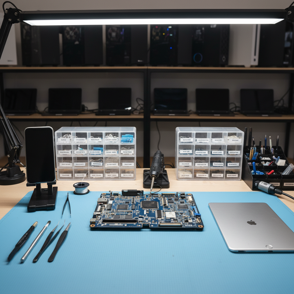 A modern electronics repair bench dedicated to consoles and phones: an open game console with its motherboard exposed, a smartphone held in a minimalist clamp, and a slim tablet resting on an anti-static mat. Around them, neatly arranged tools—fine-tipped soldering iron, heat gun, precision tweezers—and small parts organizers filled with labeled components. Overhead, bright but diffused LED panel lighting creates an even, shadow-free work area, making circuit traces and connectors stand out sharply. The background shows a softly blurred wall of shelved PC towers and laptops waiting for diagnosis. Captured from a wide, slightly elevated angle with photographic realism, the composition communicates comprehensive repair services and a clear, organized workflow.