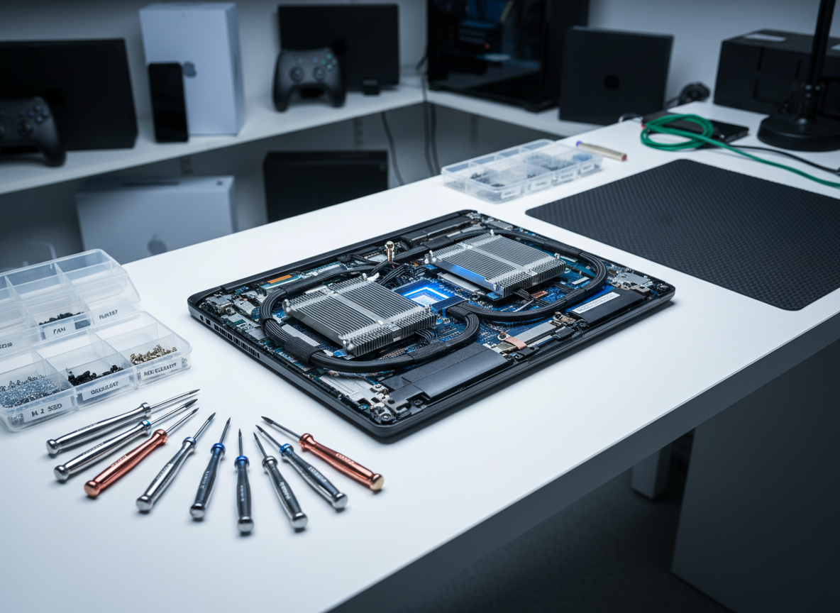 A sleek black laptop with its bottom panel removed, revealing neatly arranged internal components—silver heatsinks, braided power cables, and a glowing diagnostic LED—resting on a clean white workbench. Surrounding it are precision screwdrivers, an anti-static mat, and labeled trays with tiny screws and connectors. Cool, even studio lighting from above creates crisp reflections on metallic surfaces and gentle shadows under the tools. The background fades into a soft blur of organized shelves with PC cases, consoles, and phones awaiting repair. Captured at a slightly elevated, three-quarter angle with photographic realism, the composition feels professional and reassuring, emphasizing meticulous electronics repair and a clear, trustworthy workspace.