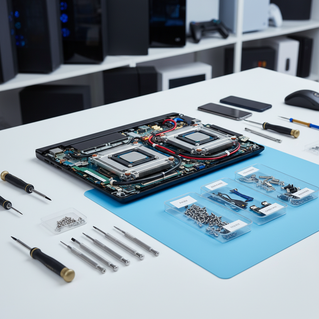 A sleek black laptop with its bottom panel removed, revealing neatly arranged internal components—silver heatsinks, braided power cables, and a glowing diagnostic LED—resting on a clean white workbench. Surrounding it are precision screwdrivers, an anti-static mat, and labeled trays with tiny screws and connectors. Cool, even studio lighting from above creates crisp reflections on metallic surfaces and gentle shadows under the tools. The background fades into a soft blur of organized shelves with PC cases, consoles, and phones awaiting repair. Captured at a slightly elevated, three-quarter angle with photographic realism, the composition feels professional and reassuring, emphasizing meticulous electronics repair and a clear, trustworthy workspace.